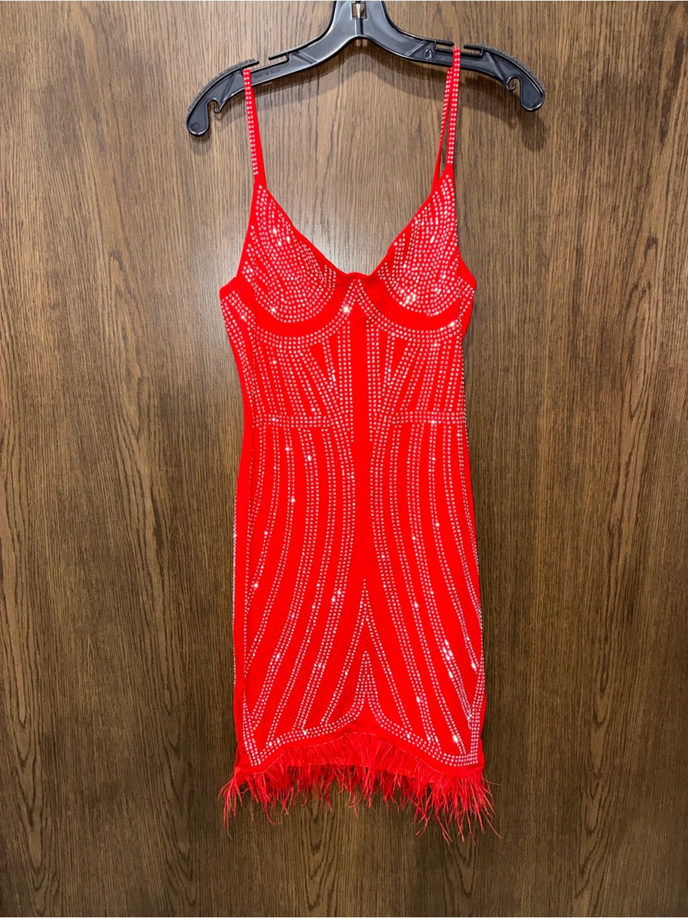Southern Fried Chics Red Beaded Mini Dress with Feather Hem Size Large